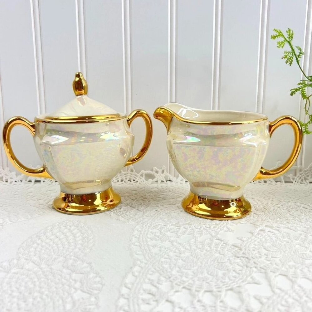 Vintage Iridescent Cream & Sugar Set Pearl With Heavy Gold Trim